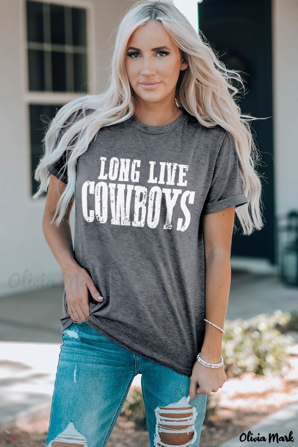 Olivia Mark – LONG LIVE COWBOYS Gray Retro Graphic T-Shirt