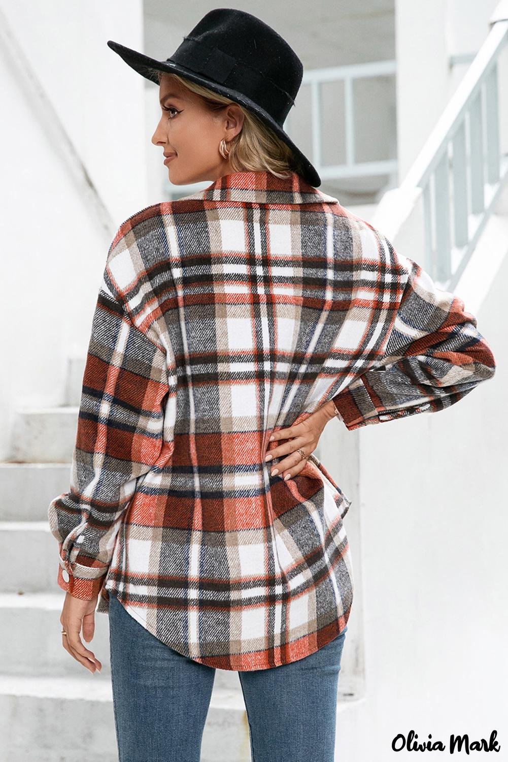 Olivia Mark – Orange flannel plaid shirt with chest pockets – Olivia Mark