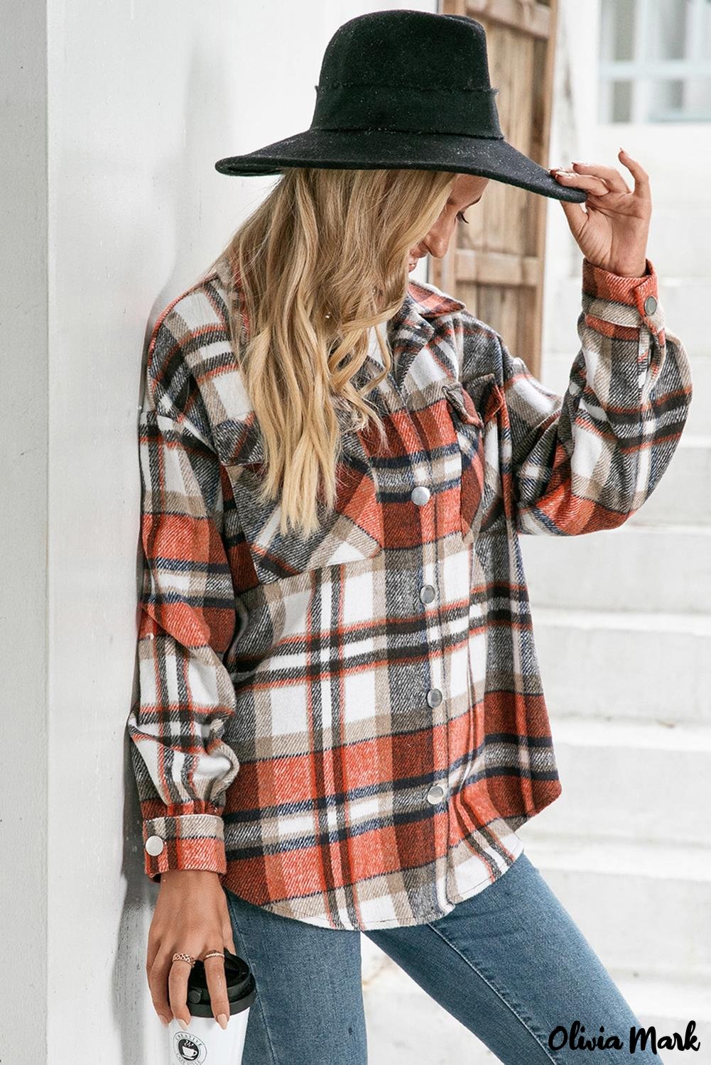 Olivia Mark – Orange flannel plaid shirt with chest pockets – Olivia Mark