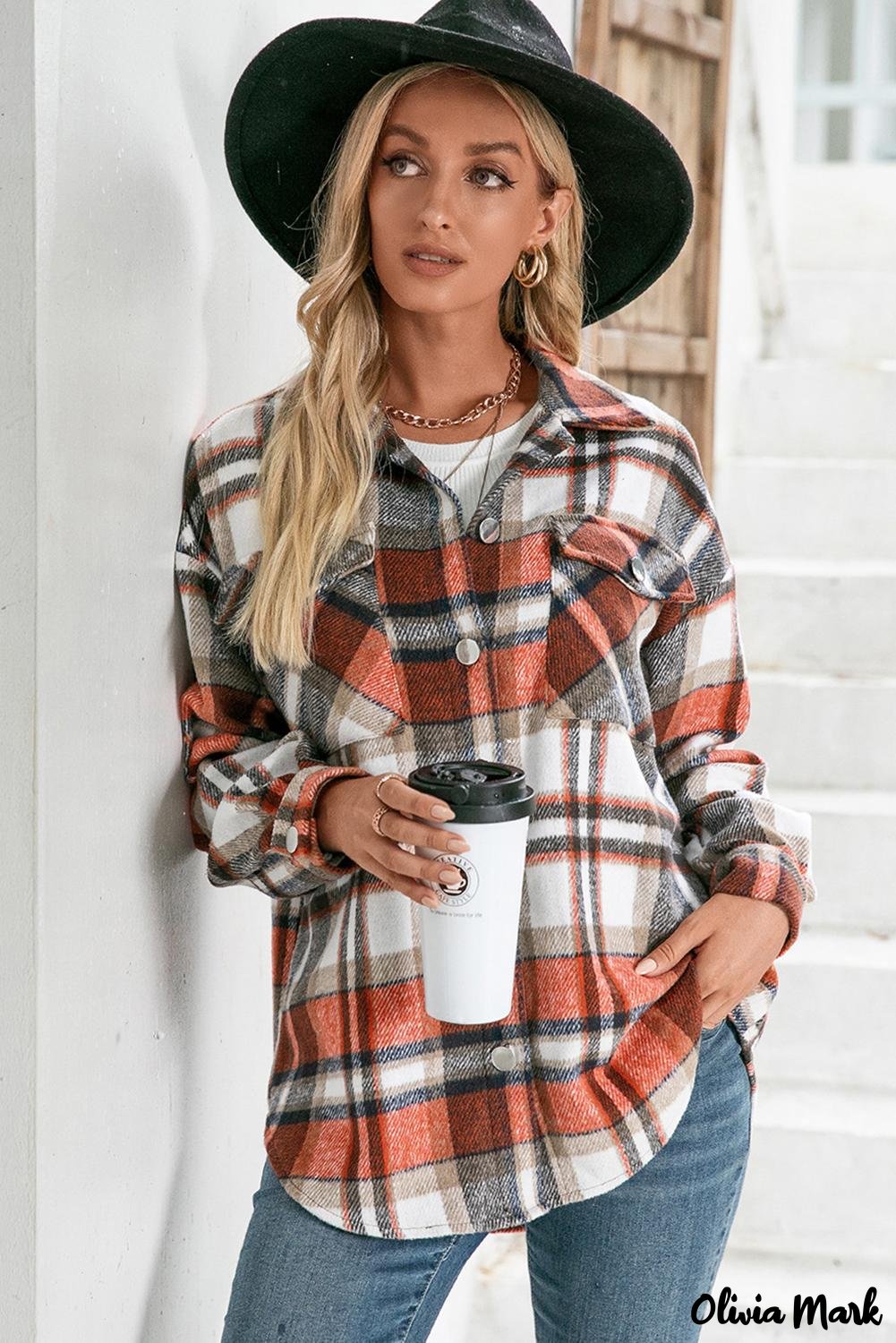 Olivia Mark – Orange flannel plaid shirt with chest pockets – Olivia Mark