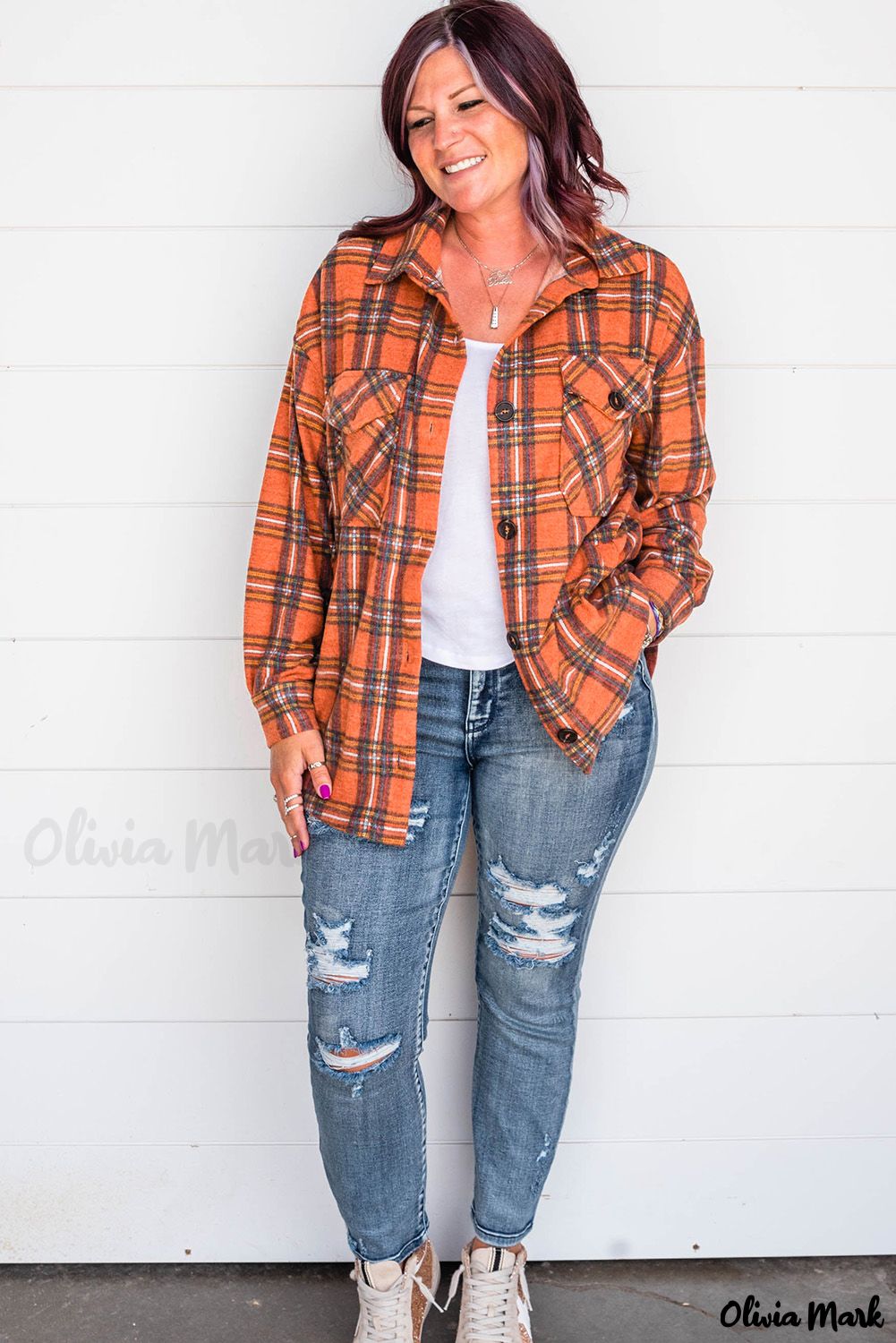 Olivia Mark – Orange flannel plaid shirt with chest pockets – Olivia Mark