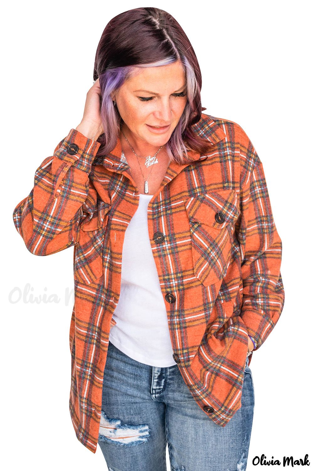 Olivia Mark – Orange flannel plaid shirt with chest pockets – Olivia Mark