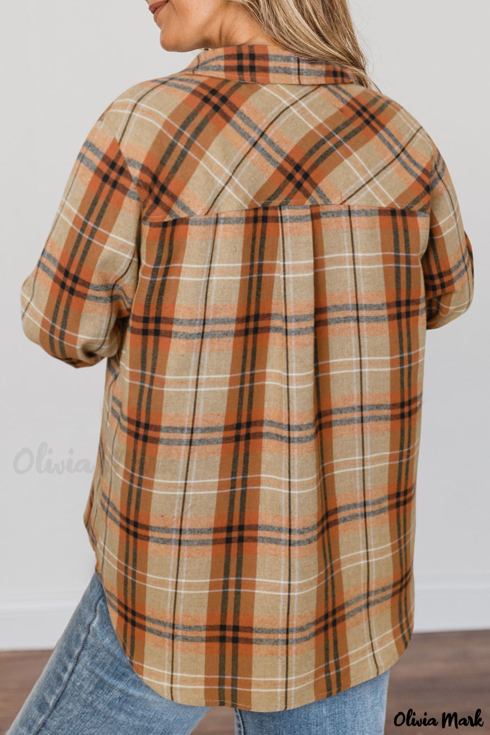 Olivia Mark – Orange flannel plaid shirt with chest pockets – Olivia Mark